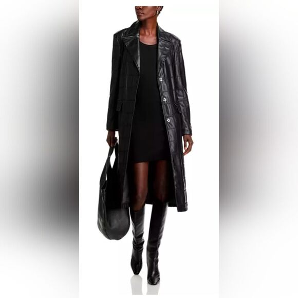 New Bagatelle Faux buttery soft patch black Leather belted Long Trench Coat Sz M - Picture 4 of 16